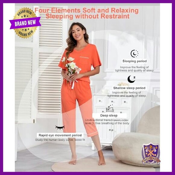 Women's 100% Cotton Pajama Set Short Sleeve Shirt Capri Pants Pockets - Picture 5 of 8